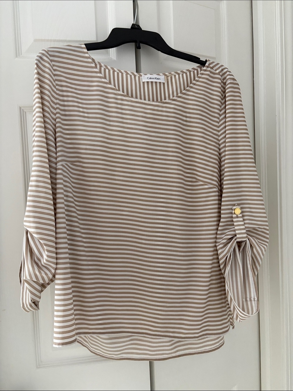 Calvin Klein Cream and Beige Striped Roll-Sleeve Blouse